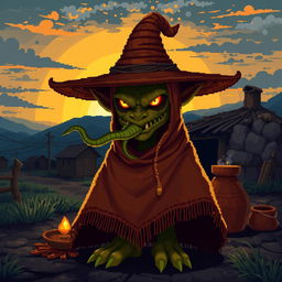 Create a character with the appearance of a sinister goblin with snake-like eyes