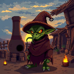 Create a character with the appearance of a sinister goblin with snake-like eyes