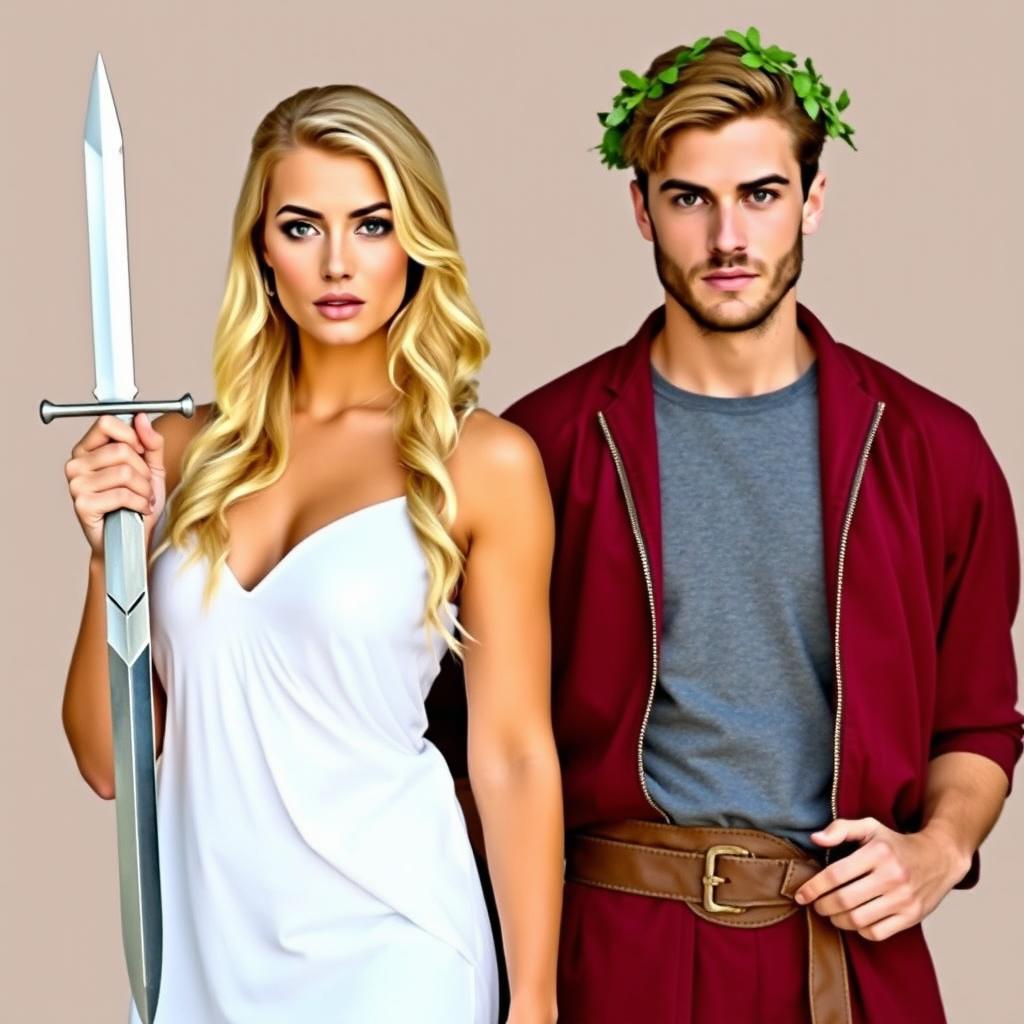 A beautiful blond woman holding a dagger stands confidently next to a handsome brown-haired man wearing a laurel wreath