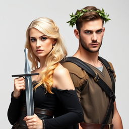 A beautiful blond woman holding a dagger stands confidently next to a handsome brown-haired man wearing a laurel wreath