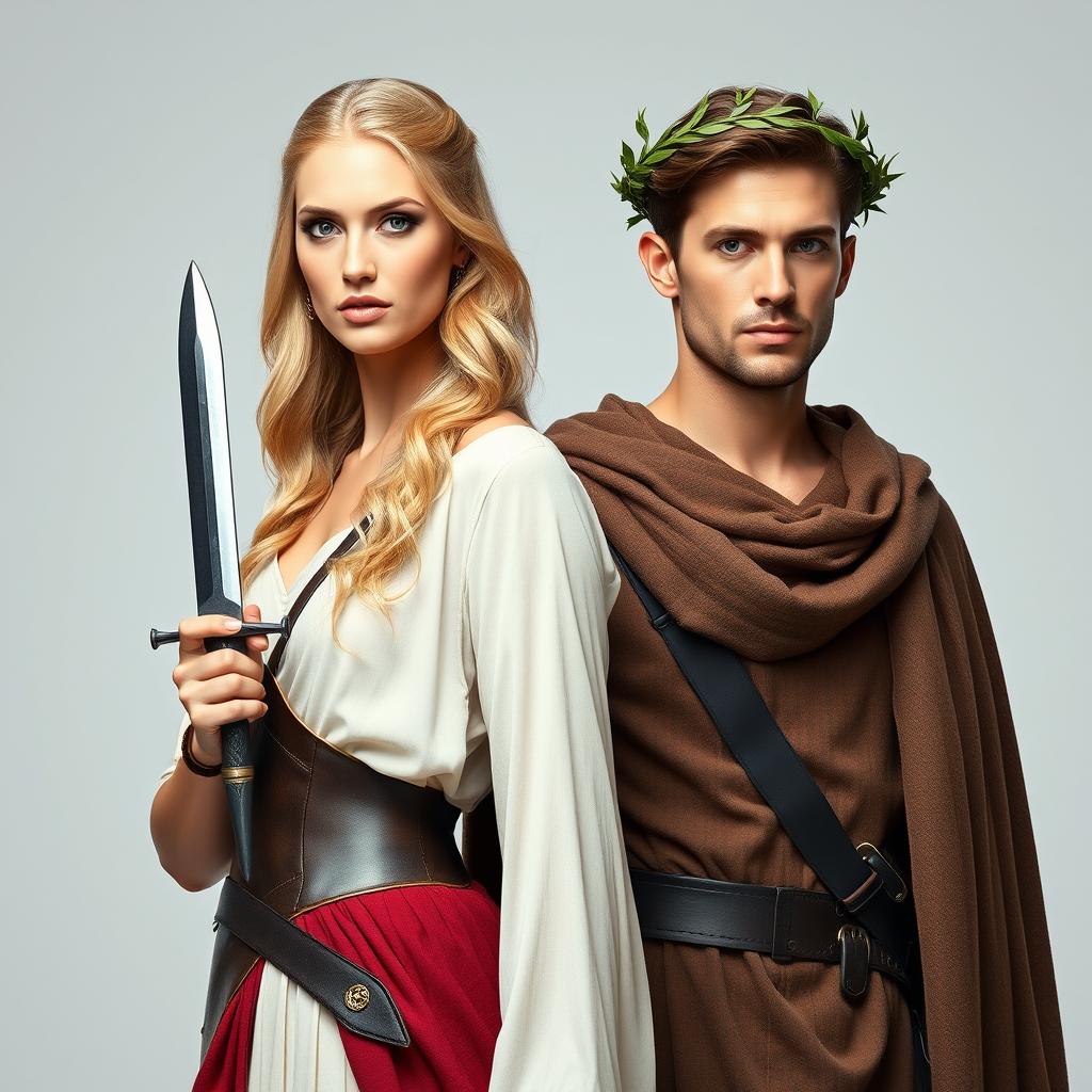 A beautiful blond woman holding a dagger stands confidently next to a handsome brown-haired man wearing a laurel wreath