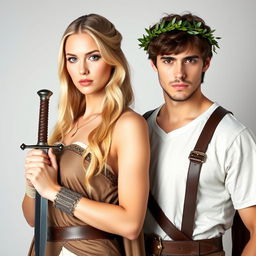 A beautiful blond woman holding a dagger stands confidently next to a handsome brown-haired man wearing a laurel wreath