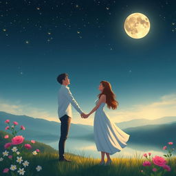 A romantic scene featuring a couple holding hands under a starlit sky