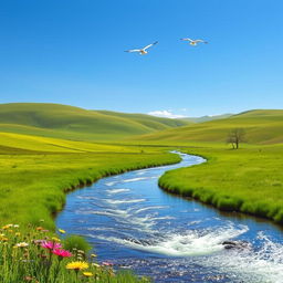 A serene landscape featuring a clear blue sky, gentle rolling hills, and a sparkling river flowing through a lush green meadow