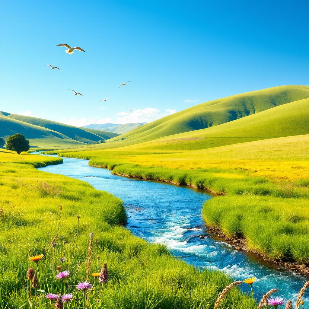 A serene landscape featuring a clear blue sky, gentle rolling hills, and a sparkling river flowing through a lush green meadow