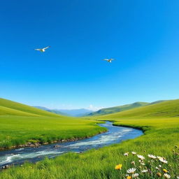 A serene landscape featuring a clear blue sky, gentle rolling hills, and a sparkling river flowing through a lush green meadow