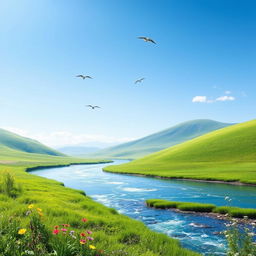 A serene landscape featuring a clear blue sky, gentle rolling hills, and a sparkling river flowing through a lush green meadow