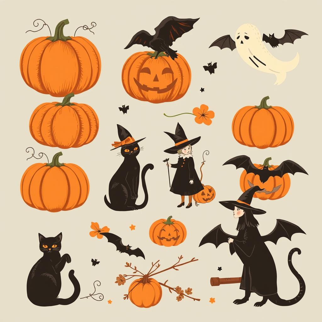 A collection of vintage Halloween clip art featuring classic elements such as pumpkins, black cats, witches, ghosts, and bats