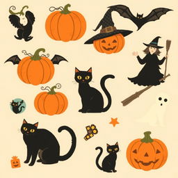 A collection of vintage Halloween clip art featuring classic elements such as pumpkins, black cats, witches, ghosts, and bats