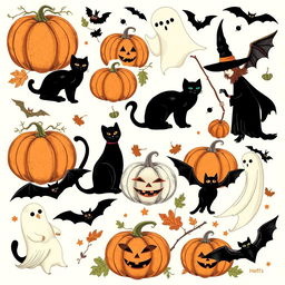 A collection of vintage Halloween clip art featuring classic elements such as pumpkins, black cats, witches, ghosts, and bats