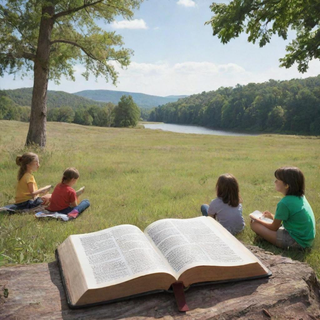 An image depicting a peaceful, healthy natural environment, with a Bible open showing a verse promoting stewardship of the Earth, and in the foreground, children engaging in outdoor educational activities, respecting and learning about nature.