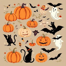 A collection of vintage Halloween clip art featuring classic elements such as pumpkins, black cats, witches, ghosts, and bats