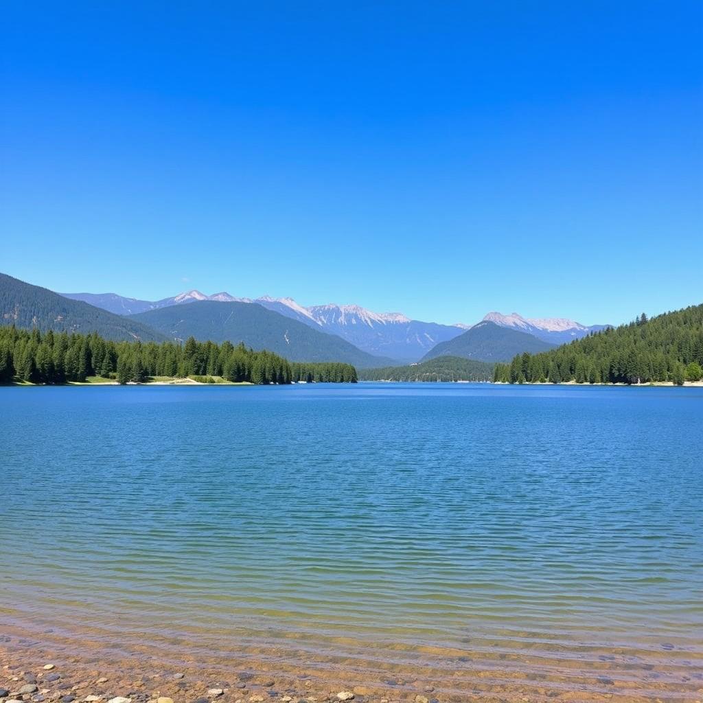 A scenic landscape featuring a peaceful lake surrounded by lush green trees and mountains in the distance under a clear blue sky