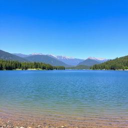 A scenic landscape featuring a peaceful lake surrounded by lush green trees and mountains in the distance under a clear blue sky