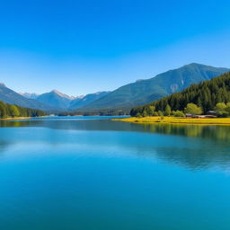 A scenic landscape featuring a peaceful lake surrounded by lush green trees and mountains in the distance under a clear blue sky