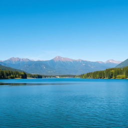 A scenic landscape featuring a peaceful lake surrounded by lush green trees and mountains in the distance under a clear blue sky