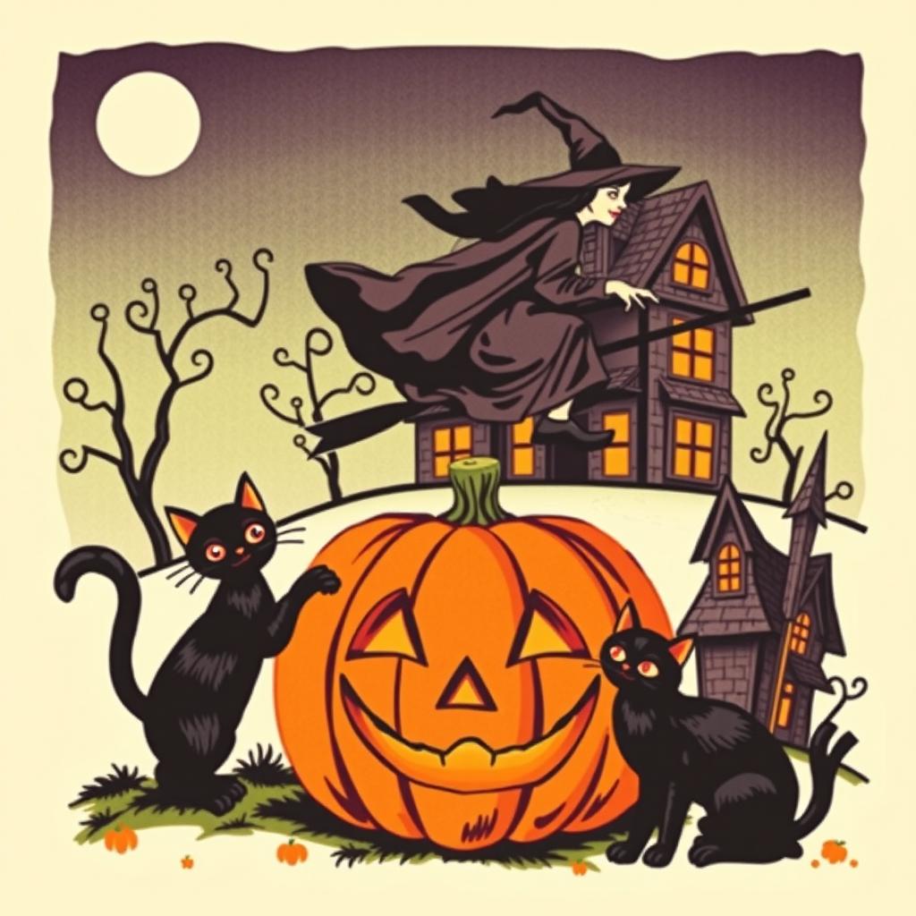 A vintage Halloween clip art featuring classic elements like a carved pumpkin, a black cat, a witch on a broomstick, and a haunted house