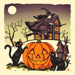 A vintage Halloween clip art featuring classic elements like a carved pumpkin, a black cat, a witch on a broomstick, and a haunted house