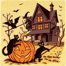 A vintage Halloween clip art featuring classic elements like a carved pumpkin, a black cat, a witch on a broomstick, and a haunted house