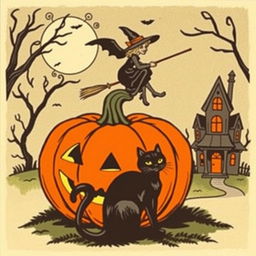 A vintage Halloween clip art featuring classic elements like a carved pumpkin, a black cat, a witch on a broomstick, and a haunted house