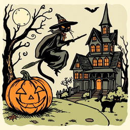 A vintage Halloween clip art featuring classic elements like a carved pumpkin, a black cat, a witch on a broomstick, and a haunted house