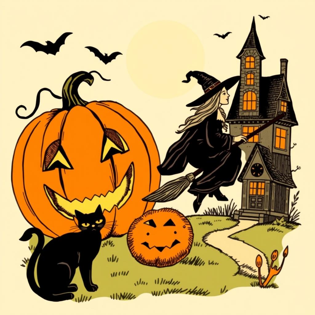 A vintage Halloween clipart featuring classic elements such as a carved pumpkin, a black cat, a witch on a broomstick, and a haunted house