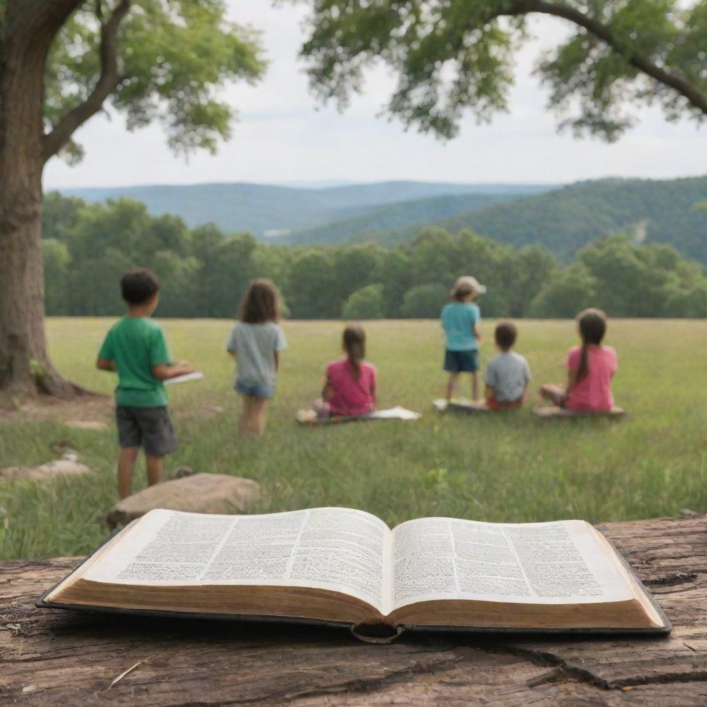 An image depicting a peaceful, healthy natural environment, with a Bible open showing a verse promoting stewardship of the Earth, and in the foreground, children engaging in outdoor educational activities, respecting and learning about nature.