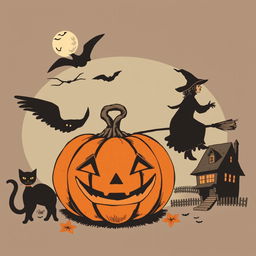 A vintage Halloween clipart featuring classic elements such as a carved pumpkin, a black cat, a witch on a broomstick, and a haunted house