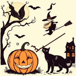 A vintage Halloween clipart featuring classic elements such as a carved pumpkin, a black cat, a witch on a broomstick, and a haunted house