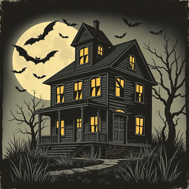 A vintage Halloween illustration featuring a haunted house