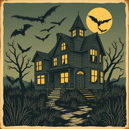 A vintage Halloween illustration featuring a haunted house