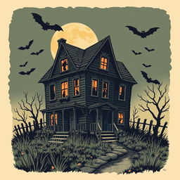 A vintage Halloween illustration featuring a haunted house