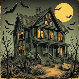 A vintage Halloween illustration featuring a haunted house