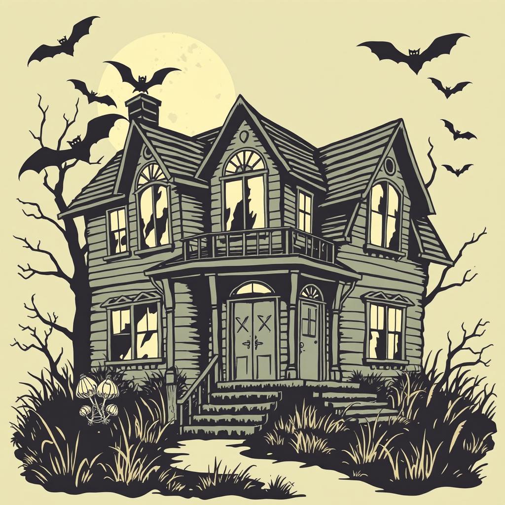 A vintage Halloween clipart featuring a haunted house