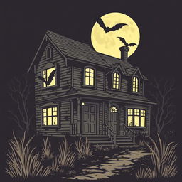 A vintage Halloween clipart featuring a haunted house