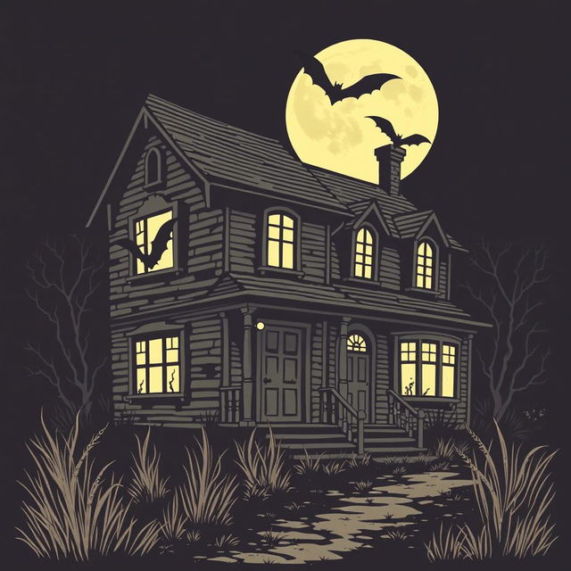 A vintage Halloween clipart featuring a haunted house