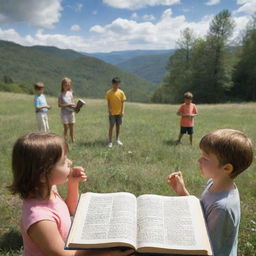 An image depicting a peaceful, healthy natural environment, with a Bible open showing a verse promoting stewardship of the Earth, and in the foreground, children engaging in outdoor educational activities, respecting and learning about nature.