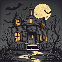 A vintage Halloween clipart featuring a haunted house