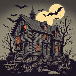 A vintage Halloween clipart featuring a haunted house