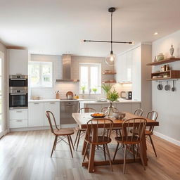 Diseña el interior de una cocina/comedor con un estilo moderno pero con un toque rústico