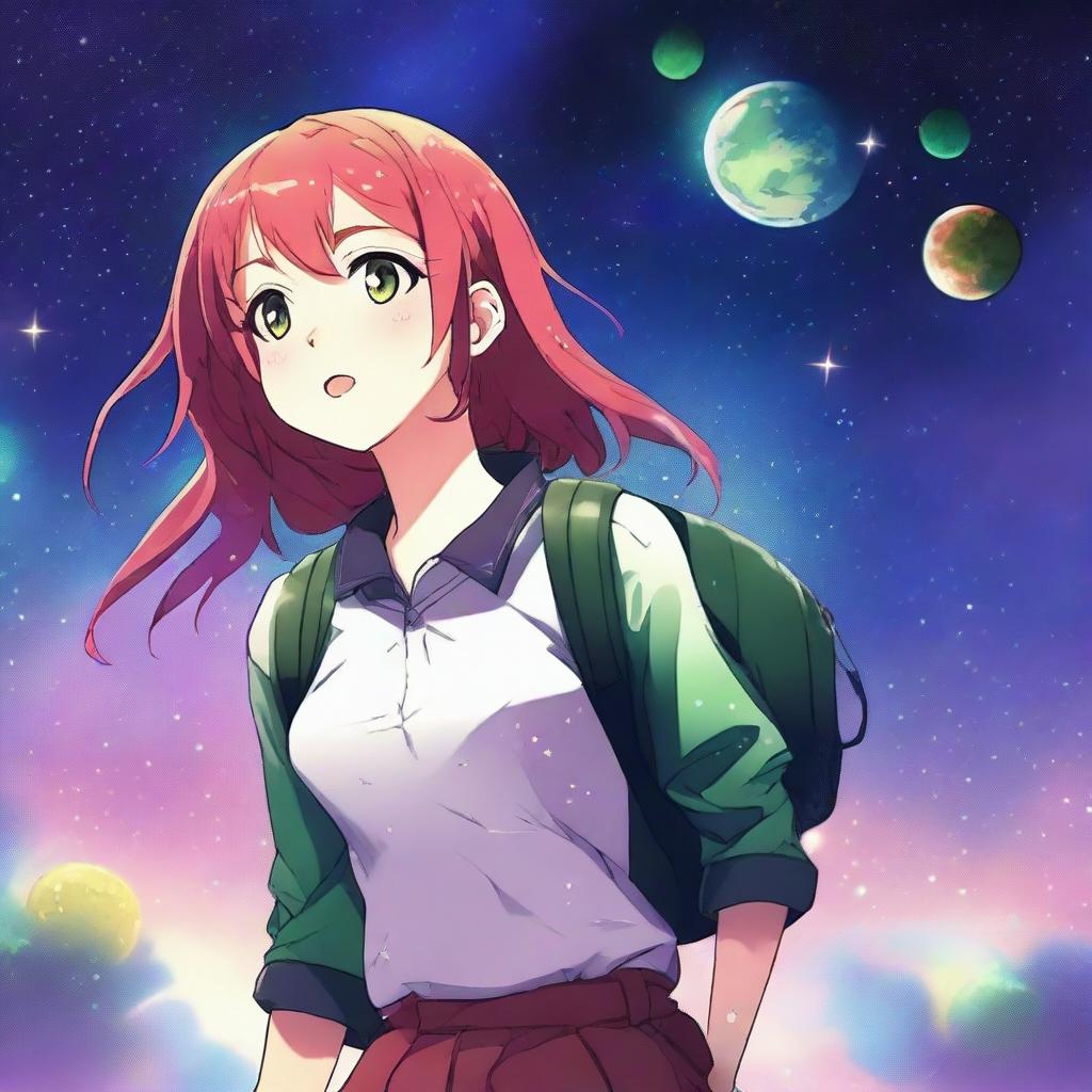 A red and green haired manga high school girl walks out of her school and finds herself in a space or galaxy realm