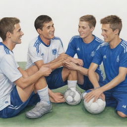 Drawing of supportive individuals helping soccer players manage stress and pressure, conveying an atmosphere of empathy and encouragement