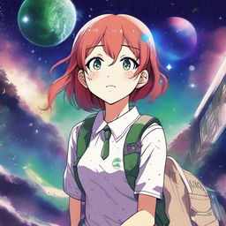 A red and green haired manga high school girl walks out of her school and finds herself in a space or galaxy realm