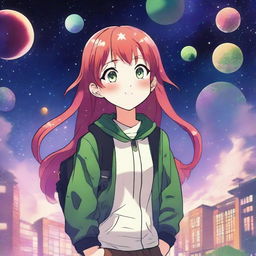 A red and green haired manga high school girl walks out of her school and finds herself in a space or galaxy realm