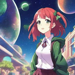 A red and green haired manga high school girl walks out of her school and finds herself in a space or galaxy realm