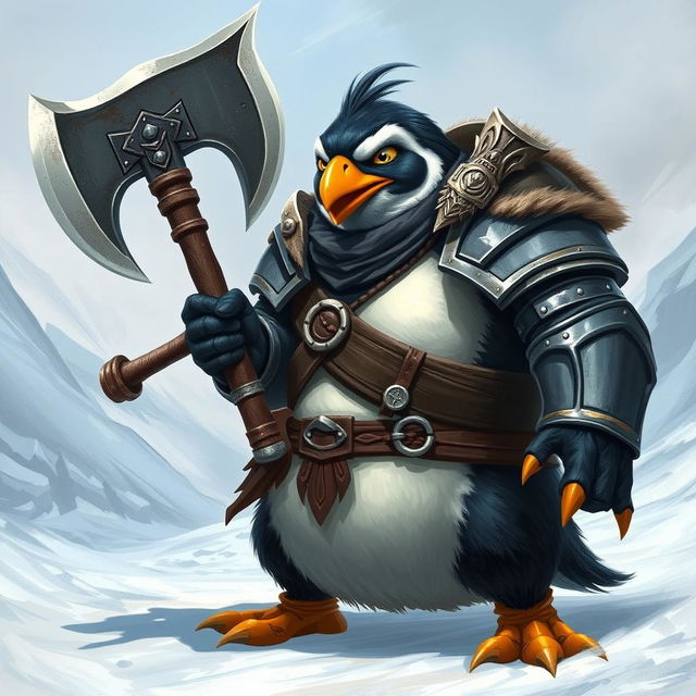 A very strong penguin wielding a large axe and wearing heavy armor