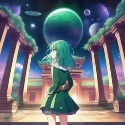 A green-haired anime/manga high school girl walks out of her classroom to find herself in front of a temple in a space or galaxy realm