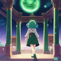 A green-haired anime/manga high school girl walks out of her classroom to find herself in front of a temple in a space or galaxy realm