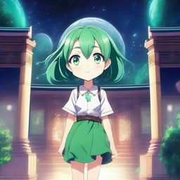 A green-haired anime/manga high school girl walks out of her classroom to find herself in front of a temple in a space or galaxy realm