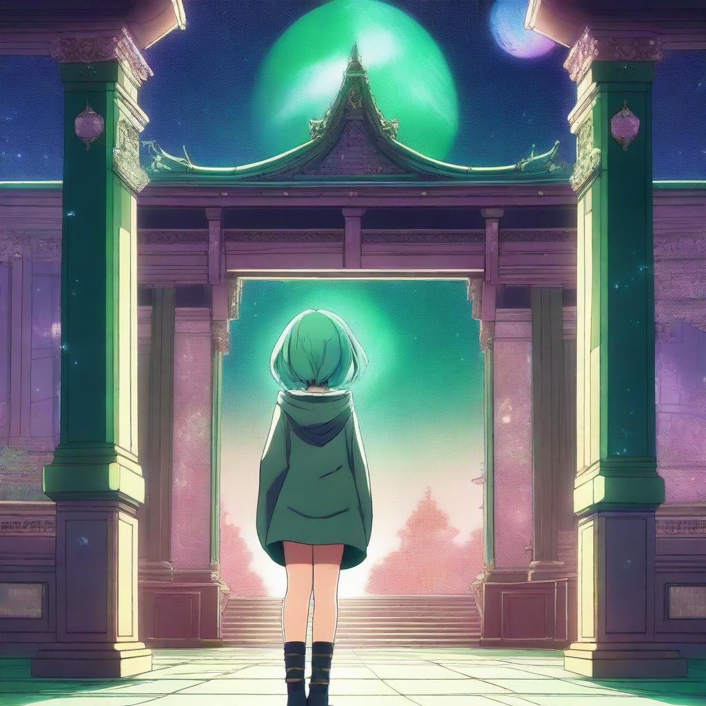 A green-haired anime/manga high school girl walks out of her classroom to find herself in front of a temple in a space or galaxy realm